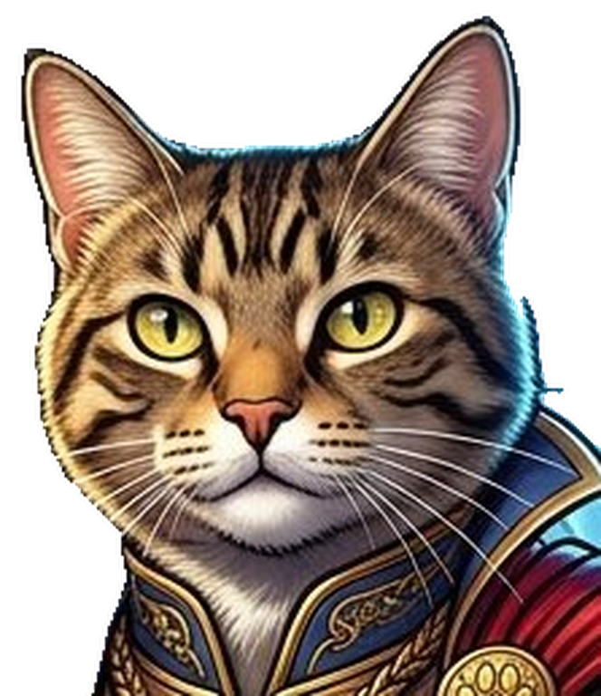 Cat's Justice, a tabby cat judge in a navy and gold robe with a red shoulder and paw medallion