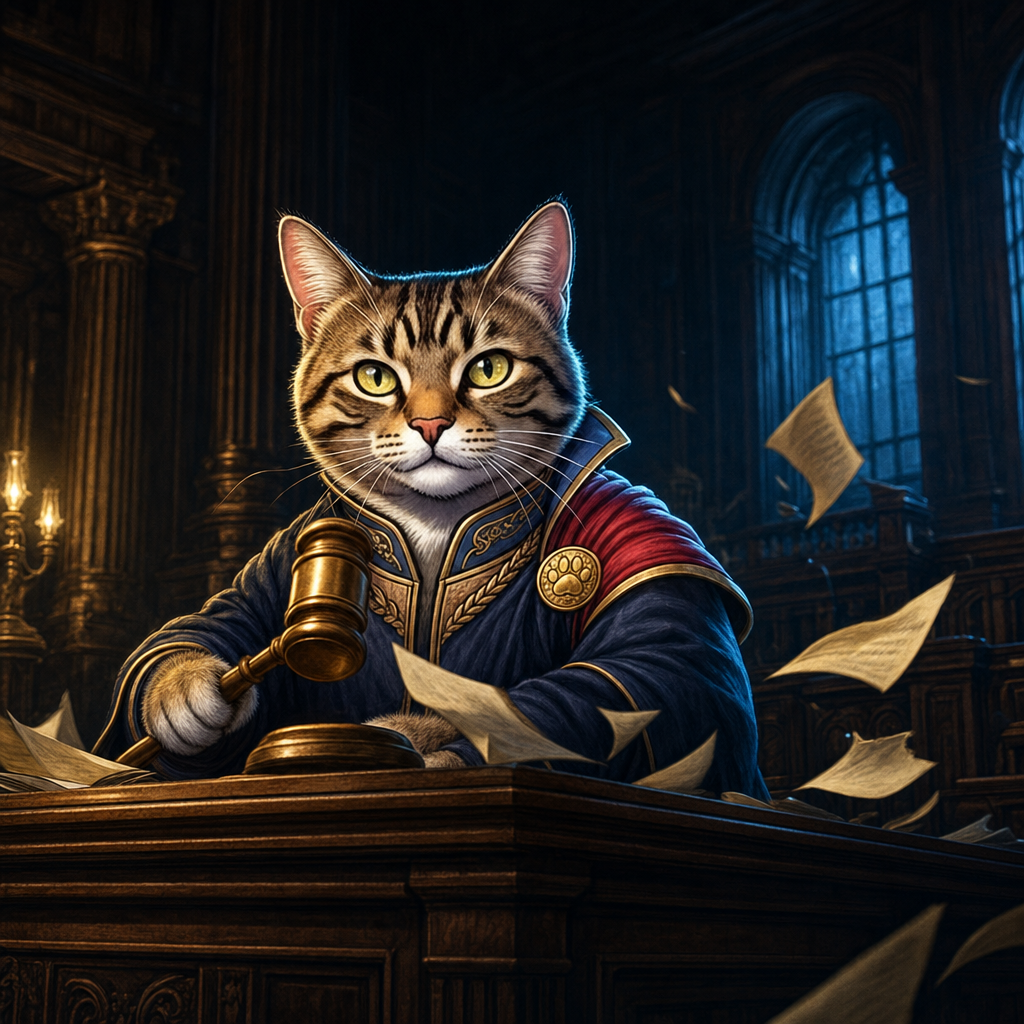 The cat judge at a carved wooden bench holding a brass gavel as papers fly through a dark courtroom